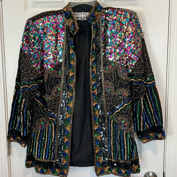 Nikhil Collection Luxury 100% Silk Sequined/Beaded Jacket - Size Large - Picture 1 of 9